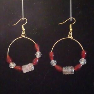 ❤️ Handmade Hoop Red/Clear beaded Earrings